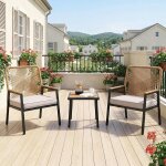 Lot de 3 salon de jardin en m�tal et rotin, ensemble 1 table et 2 fauteuils, avec coussin d'assise de ...