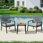 Lot de 3 salon de jardin en m�tal et rotin, ensemble 1 table et 2 fauteuils, avec coussin d'assise de ...