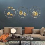 Lot de 3 sculptures murales en m�tal fer dor� ginkgo et feuilles de palmier - d�coration murale ronde ...