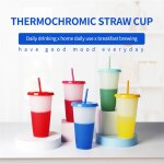 Lot de 5 tasses froides a couleurs changeantes sensibles a la temp�rature, avec couvercle en paille, ...
