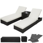 Lot de deux chaises longue bain de soleil en rsine tress poly rotin noir + table + deux set de housses ...