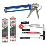 Lot pare brise: decoupe joint, colle, pistolet a colle rotatif