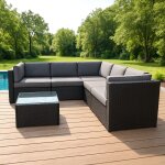 Salon de jardin 5 places en r�sine tress�e avec table noir et gris