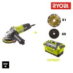 Meuleuse d'angle ryobi 800w 125mm - 1 disque diamant - 5 disques � �barber - toolbox rag800 - 125ta6