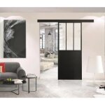 Optimum - kit porte coulissante + rail + bandeau atelier - h. 204xl. 83xp. 4 cm - noir verre transparent ... Optimum - kit porte coulissante + rail + bandeau atelier - h. 204xl. 83xp. 4 cm - noir verre transparent ...