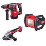 Pack 3 outils 18v - projecteur led, marteau perforateur et meuleuse d'angle flex