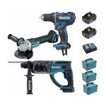 Pack makita premium 18v 5ah: perceuse 62nm ddf482 + meuleuse 125mm dga504 + perforateur 2j dhr202 + 2 ...