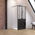 Pack paroi de douche 90x200 cm noir mat + receveur haut a poser 90x90cm - blanc effet pierre