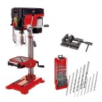 Pack perceuse � colonne 750w + �tau + coffret de forets � m�taux einhell