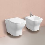 Paire d'articles sanitaires : bidet et toilette suspendue en ceramique blanche swing