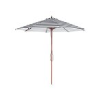 Parasol avec pied central en bois et toile rayée blanche et noire Parasol avec pied central en bois et toile rayée blanche et noire