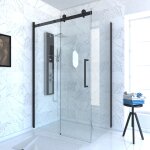 Paroi porte de douche coulissante 140x200 cm noir mat - rail soft close + retour 80 cm