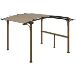 Pergola avec comptoir toit arche alu acier style bois noir toile grège Pergola avec comptoir toit arche alu acier style bois noir toile grège