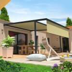 Pergola toile pyrite 4, 00x4, 00 m motorise secours a t�l�commande + coffre led + lambrequin (gris anthracite ...