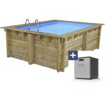 Piscine bois rectangle   maldives   - 3. 20 x 3. 20 x 1. 24 m + mini pompe  chaleur 3. 5kw - mtal - ...