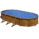 Piscine ovale acier 7, 44m x 3, 99m x h: 1, 32m - imitation bois - filtration  sable - renforts apparents ...