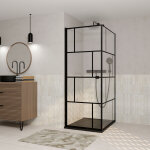 Porte de douche pivotante 80x180cm et retour 80 cm - s�rigraphie noire motif brique - verre 5mm