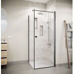 Porte de douche pivotante 90x180cm et retour 80cm - verre 8mm anticalcaire - profil noir Porte de douche pivotante 90x180cm et retour 80cm - verre 8mm anticalcaire - profil noir
