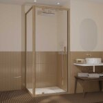 Porte de douche pivotante et retour 90x90x200cm - profilés alu effet bois - verre trempé 6mm Porte de douche pivotante et retour 90x90x200cm - profilés alu effet bois - verre trempé 6mm