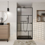 Porte de douche pivotante s�rigraphie briques 80x180 cm - profil� noir mat