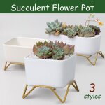 Pot de fleurs en c��ramique blanche minimaliste avec support en m��tal dor��, succulente jardini��re ...