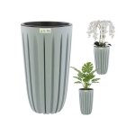 Pot de fleurs cache - pot bac a fleurs avec insert, couleur gris, rond Ø 29 cm, h 50 cm, belles rainures ...