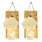 Pots solaires lumineux avec fleurs artificielles, planches en bois, pots en verre pour patio, jardin, ...