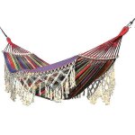 (rayures colorées) hamac double en toile avec pompons et bâton pour camping en plein air, 200 x 150 cm ... (rayures colorées) hamac double en toile avec pompons et bâton pour camping en plein air, 200 x 150 cm ...