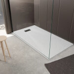 Receveur de douche blanc effet pierre 90x160 cm et grille d�cor perfor�e noire mate
