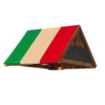 Remplacement de toiture de maisonnette pour aire de jeux pour enfants teinte vert beige rouge.