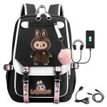 Sac a dos de chargement usb cartoon labubu pour etudiants, cartable pour hommes, femmes et enfants, noir ...