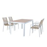 Salon de jardin, 4 chaises en aluminium, fibres de verre, blanc / marron