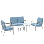 Salon de jardin 4 personnes 5 pi�ces 2 tables basses gigognes acier blanc accoudoirs effet bois coussins ...