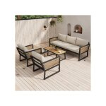 Salon de jardin, 4 pi�ces, canap� 3 places, 2 fauteuils et table basse, acier galvanis�, beige