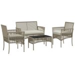 Salon de jardin 4 places 4 pi�ces style colonial table basse coussins inclus r�sine tress�e fil�e aspect ...