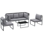 Salon de jardin 5 places 4 pi�ces - canap� avec auvent r�tractable - coussins d�houssables gris