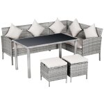 Salon de jardin 6 pers. grand confort canap? d'angle + 2 poufs + table ? manger 9 coussins assise et ...