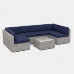 Salon de jardin 6 places modulable en r�sine tress�e gris et bleu qamea