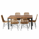 Salon de jardin 6 places avec table en bois naturel et chaises en r�sine tress�e bago