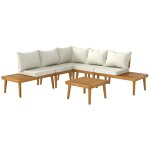 Salon de jardin d'angle 5 places en bois d'acacia avec table basse et tablettes latrales coussins crme ...