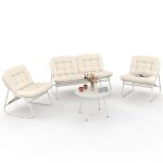 Salon de jardin arona bas 4 places en m�tal blanc et coussins beige avec canap�, fauteuils et table
