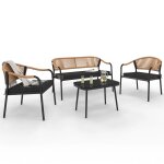 Salon de jardin bas madeira 4 places structure en m�tal noir, cordage et coussins noirs