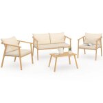 Salon de jardin bas malta 4 places structure en m�tal effet bois, lani�res et coussins beiges