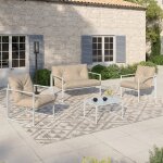 Salon de jardin bas nairobi 4 places en acier blanc et coussins beige