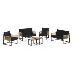Salon de jardin bas rio 6 places structure m�tal noir, cordage effet rotin clair et coussins noirs