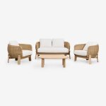 Salon de jardin avec canap 2 places, 2 fauteuils et table basse en bois d'acacia et rotin leilan marrn ...