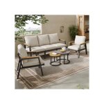 Salon de jardin, canap� 3 places, 2 fauteuils et 2 tables basses, verre laqu� marbre et bois composite, ...