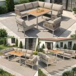 Salon de jardin - canap� d'angle jardin 7 places - en forme l - tructure fer poudr� table wpc coussin ...
