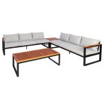 Salon de jardin canaps d'extrieur 6 places avec table en mtal et bois d'acacia coussins gris clair ...