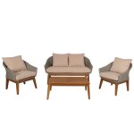 Salon de jardin canap fauteuils et table en poly rotin et bois d'acacia avec coussins beige 04 0008322 ...